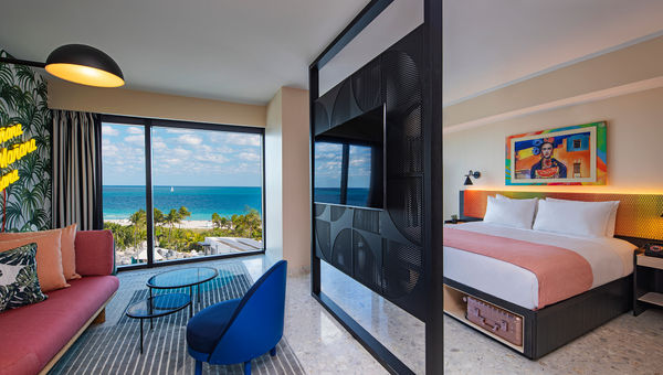 A guestroom at the Moxy Miami South Beach, the brand's first resort-style outpost.