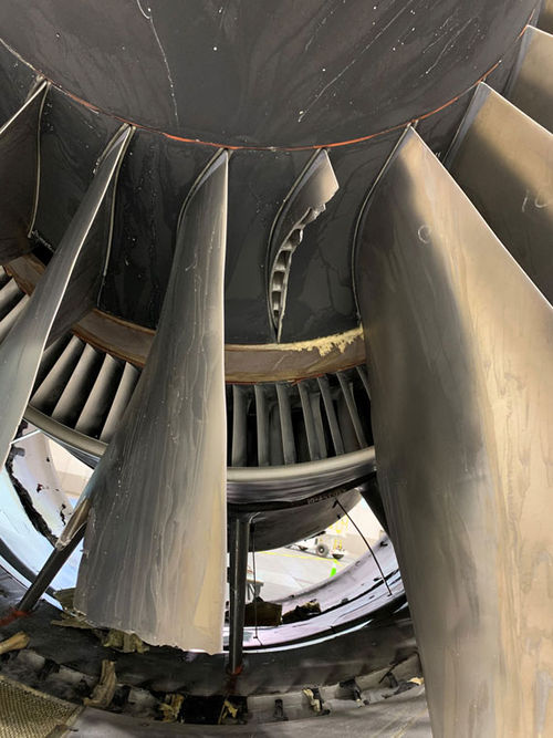 One of two broken fan blades in the Pratt & Whitney engine that blew up on Saturday above metro Denver. The other was recovered after it fell to the ground. One of two broken fan blades in the Pratt & Whitney engine that blew up on Saturday above metro Denver. The other was recovered after it fell to the ground.