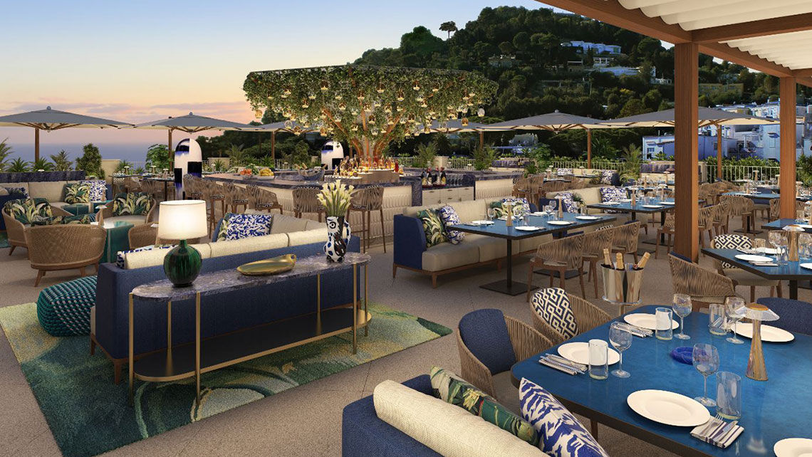 A rendering of Hotel La Palma's rooftop restaurant and bar venue Bianca. The historical hotel is expected to reopen in April 2022.