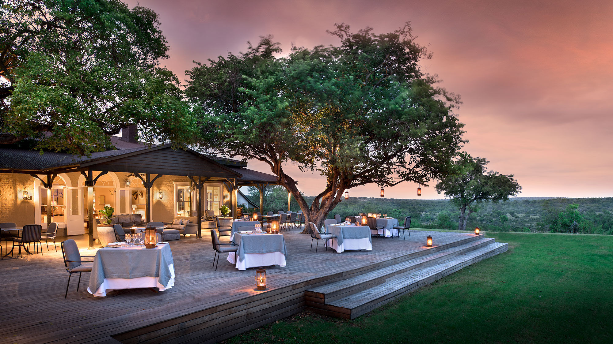 The outdoor lounge area at Kirkman’s Kamp in the Sabi Sand Game Reserve in South Africa.