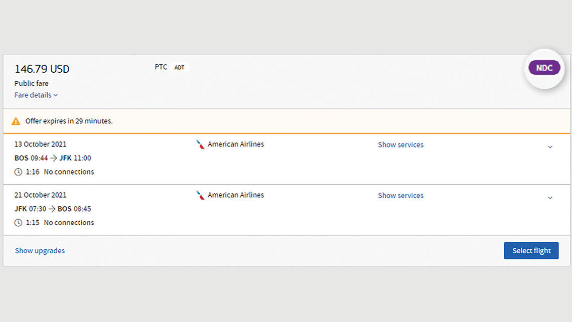 An American Airlines search response for NDC-enabled offers.