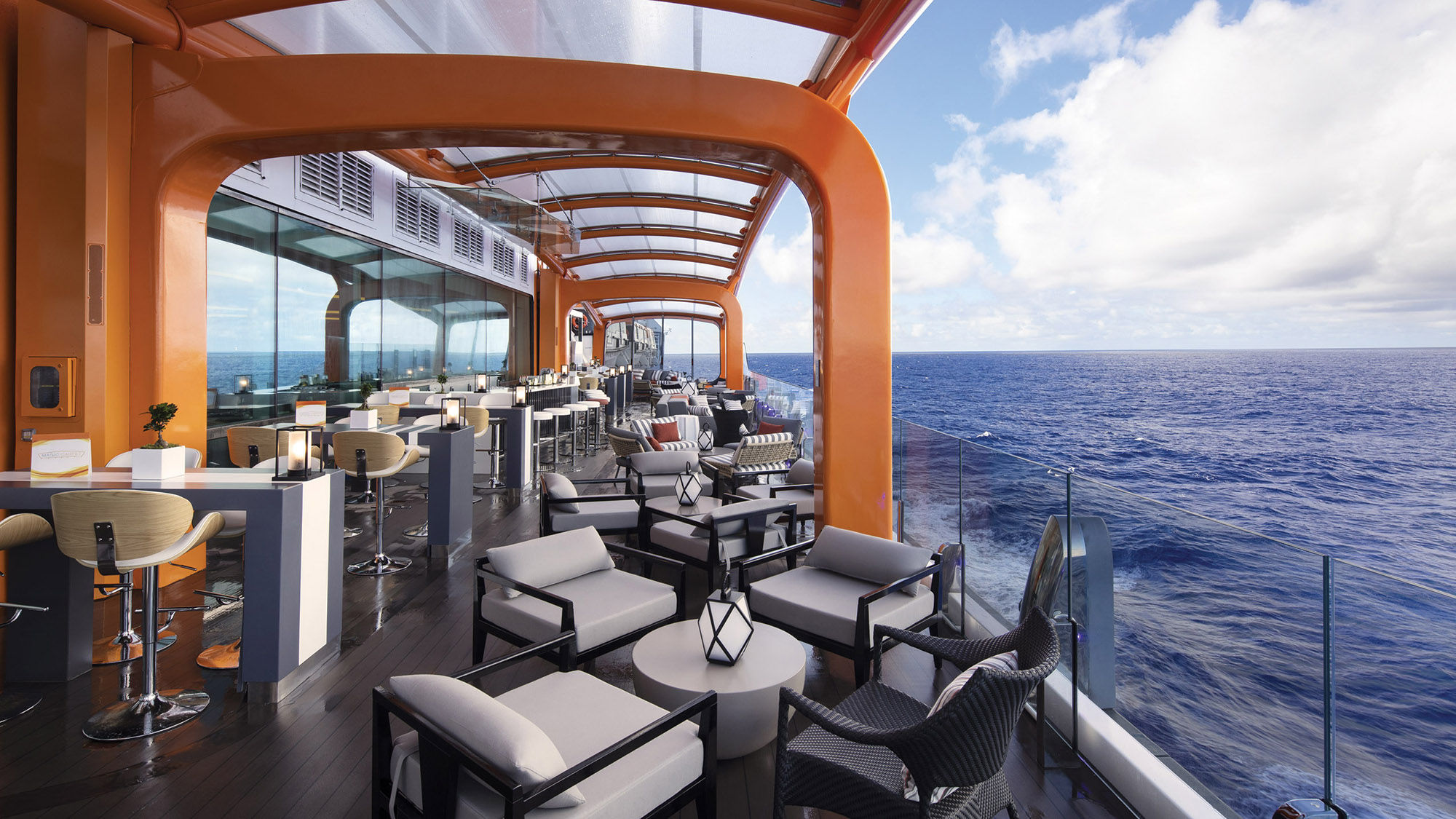 Celebrity Cruises’ two newest ships, the Edge and the Apex, offer Dinner on the Edge on the Magic Carpet, the platform that moves up and down the ship’s side as an open-air bar.