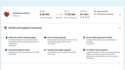 ATPCO has broadened its Routehappy content offerings to include information on whether Covid testing is required prior to boarding a flight (lower right).