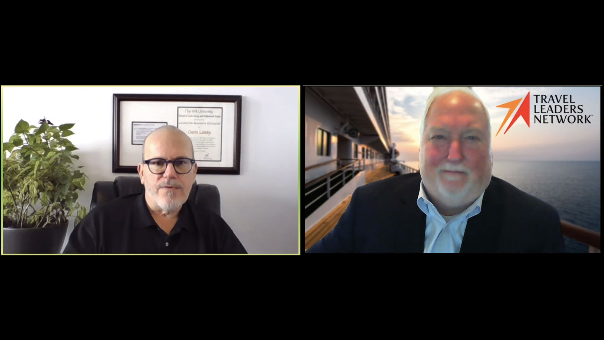 VisitBritain’s Gavin Landry, executive vice president for the Americas, left, and Travel Leaders Network president Roger Block, during an online fireside chat.