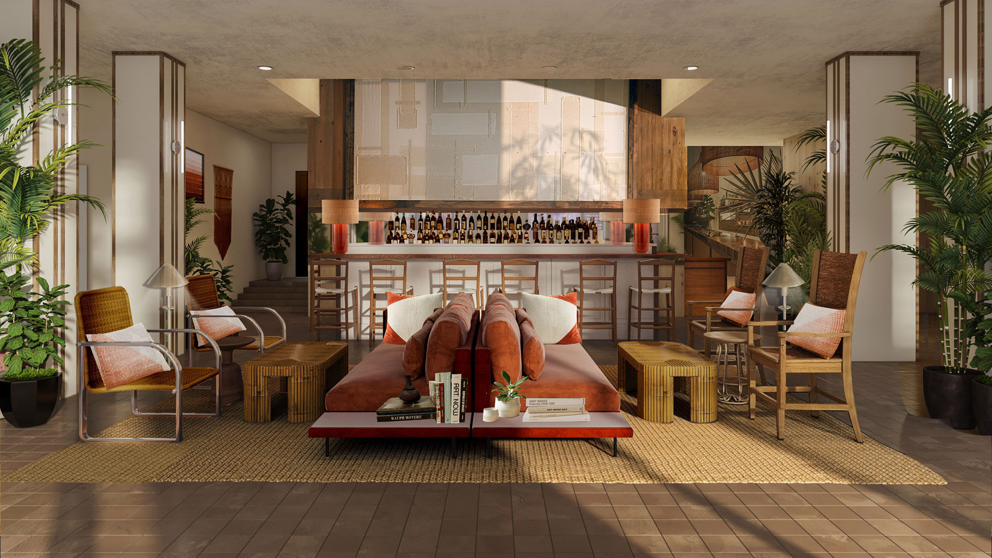 The "living room" and bar area at the Kayak Miami Beach. The property is the former Life House Collins Park.