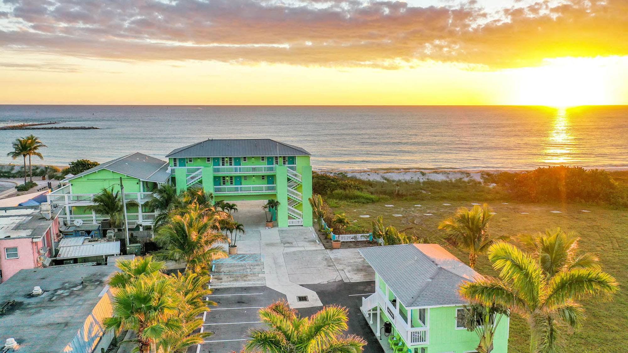 The Sunrise Sands Beach Resort in Fort Pierce, Fla., is an example of the open-corridor style that is temporarily in demand because of Covid travel habits.