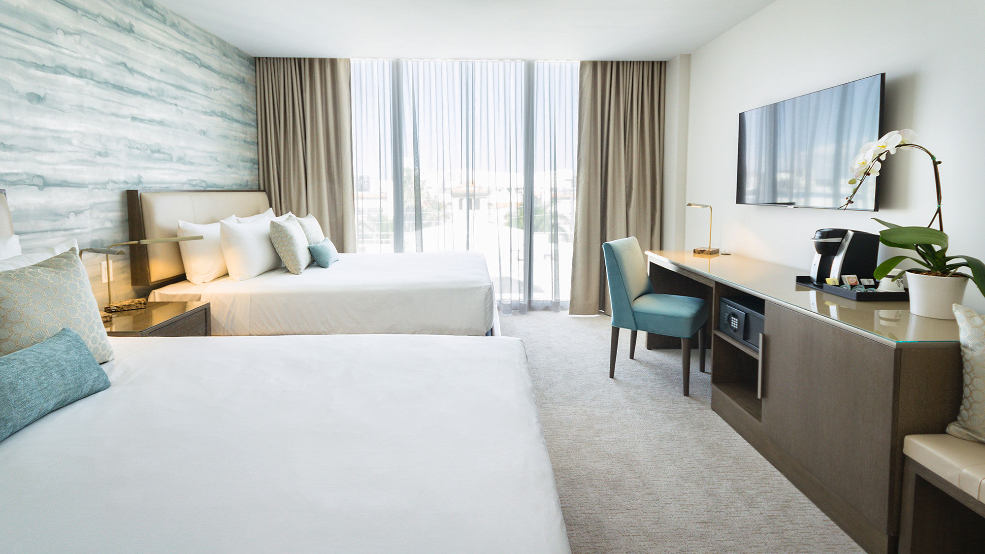 An updated guestroom at the Berkeley Park Hotel in Miami Beach, which will open on April 1 as part of Accor's MGallery Hotel Collection.