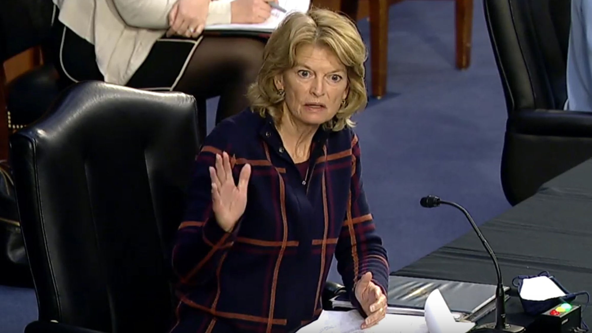Sen. Lisa Murkowski (R-Alaska) at a Senate Committee hearing where she questioned CDC director Dr. Rochelle Walensky about the cruise industry restart.