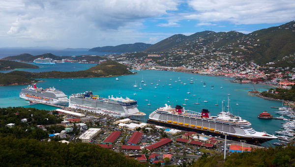 Cruise ships lined up in St. Thomas. Cruise ships lined up in St. Thomas.