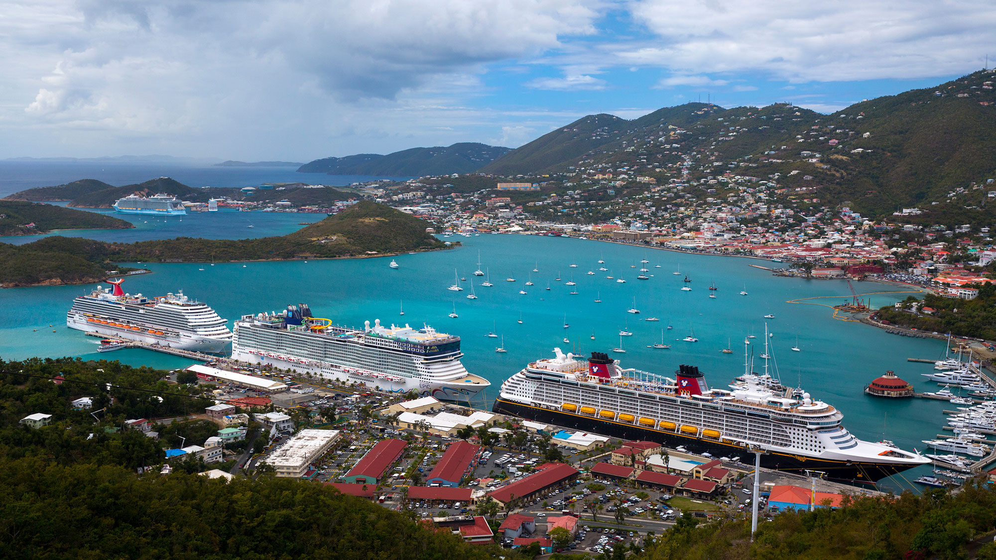 Ships at Charlotte Amalie's cruise port on St. Thomas before the pandemic.