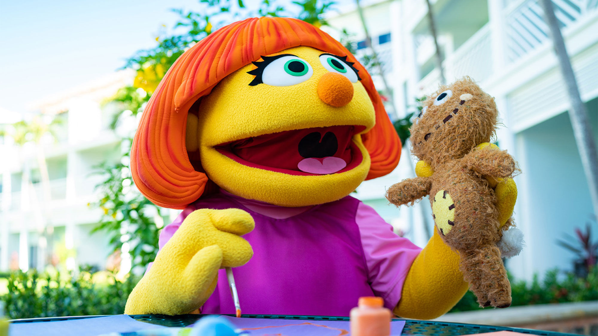 Julia is a Sesame Street muppet on the autism spectrum and is part of the activities at the three Beaches resorts.