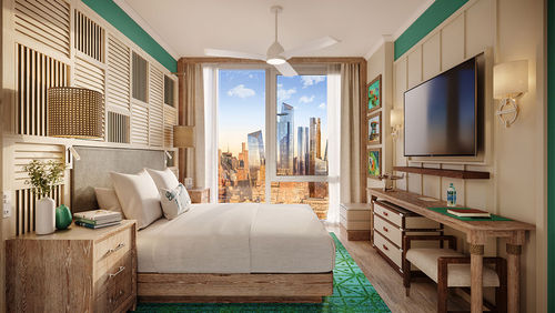 A guestroom at the Margaritaville Resort Times Square. A guestroom at the Margaritaville Resort Times Square.