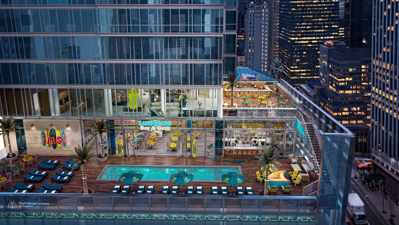The sixth-floor pool at the Margaritaville Resort Times Square, which will begin welcoming guests this June.