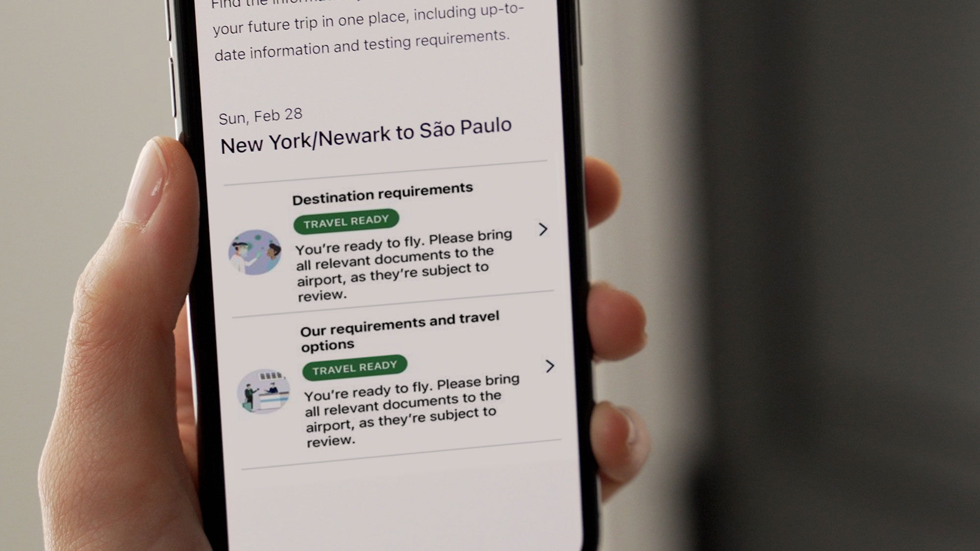 A new feature on the Travel-Ready section of United's app enables Covid-test info to be automatically loaded into the app.