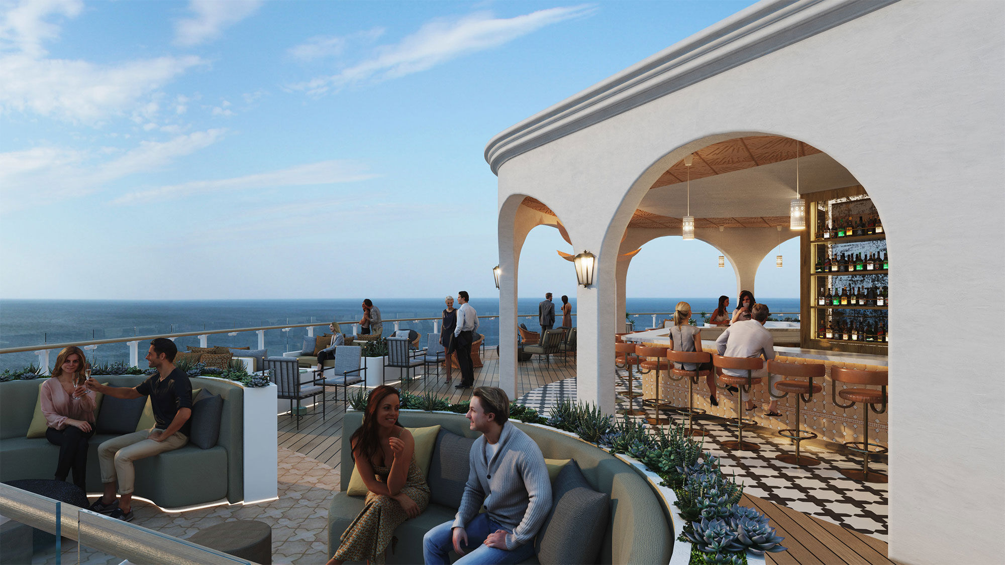 A rendering of the Nate Berkus-designed Sunset Bar on the Celebrity Beyond.