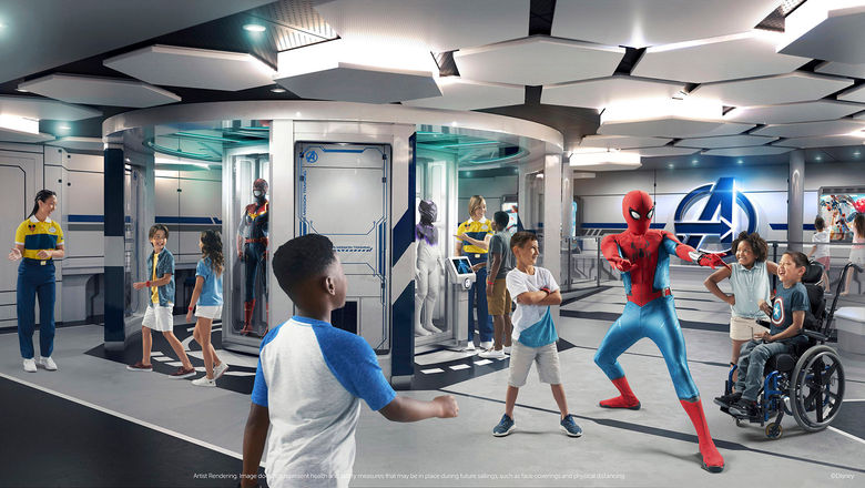 In the Disney Wish's Marvel Super Hero Academy, seen here in a rendering, kids train to be the next generation of superheroes with the help of Spider-Man, Black Panther, Ant-Man and the Wasp.