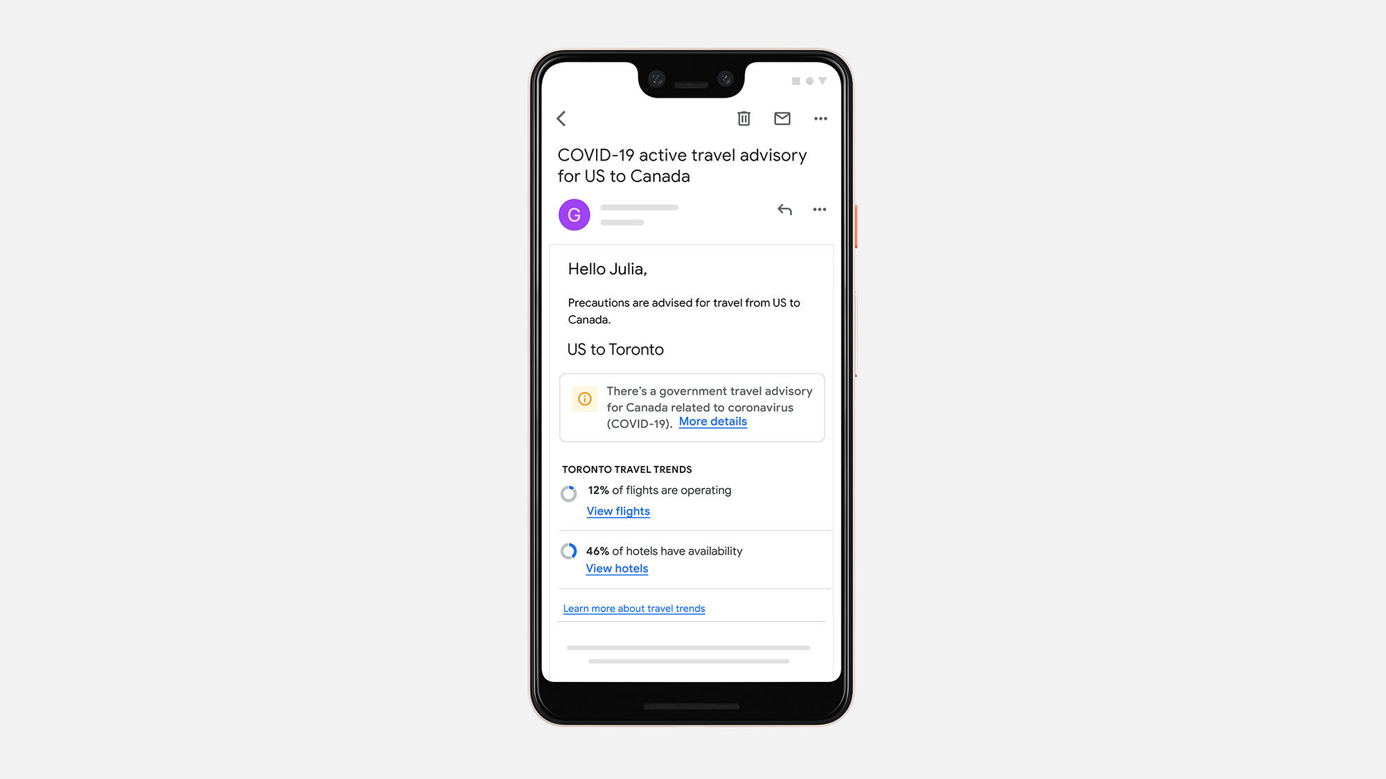 Google now tells users searching for travel what kind of Covid-19 advisories or restrictions are in place at a destination -- and will send an email if they change.