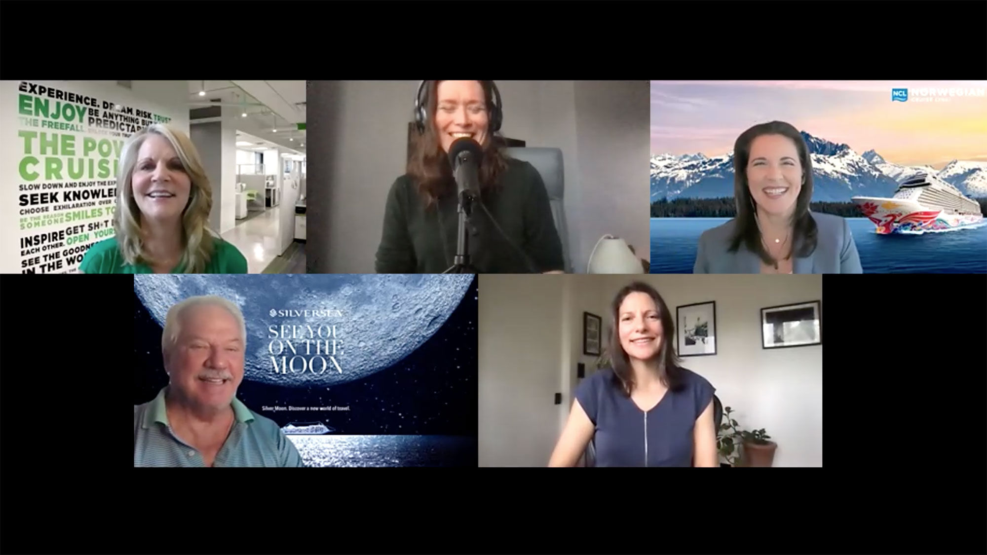 Clockwise from top left: Michelle Fee of Cruise Planners, managing editor Rebecca Tobin, Norwegian Cruise Line's Katina Athanasiou, news editor Johanna Jainchill and Silversea Cruises' Mark Conroy, on the Folo by Travel Weekly podcast.