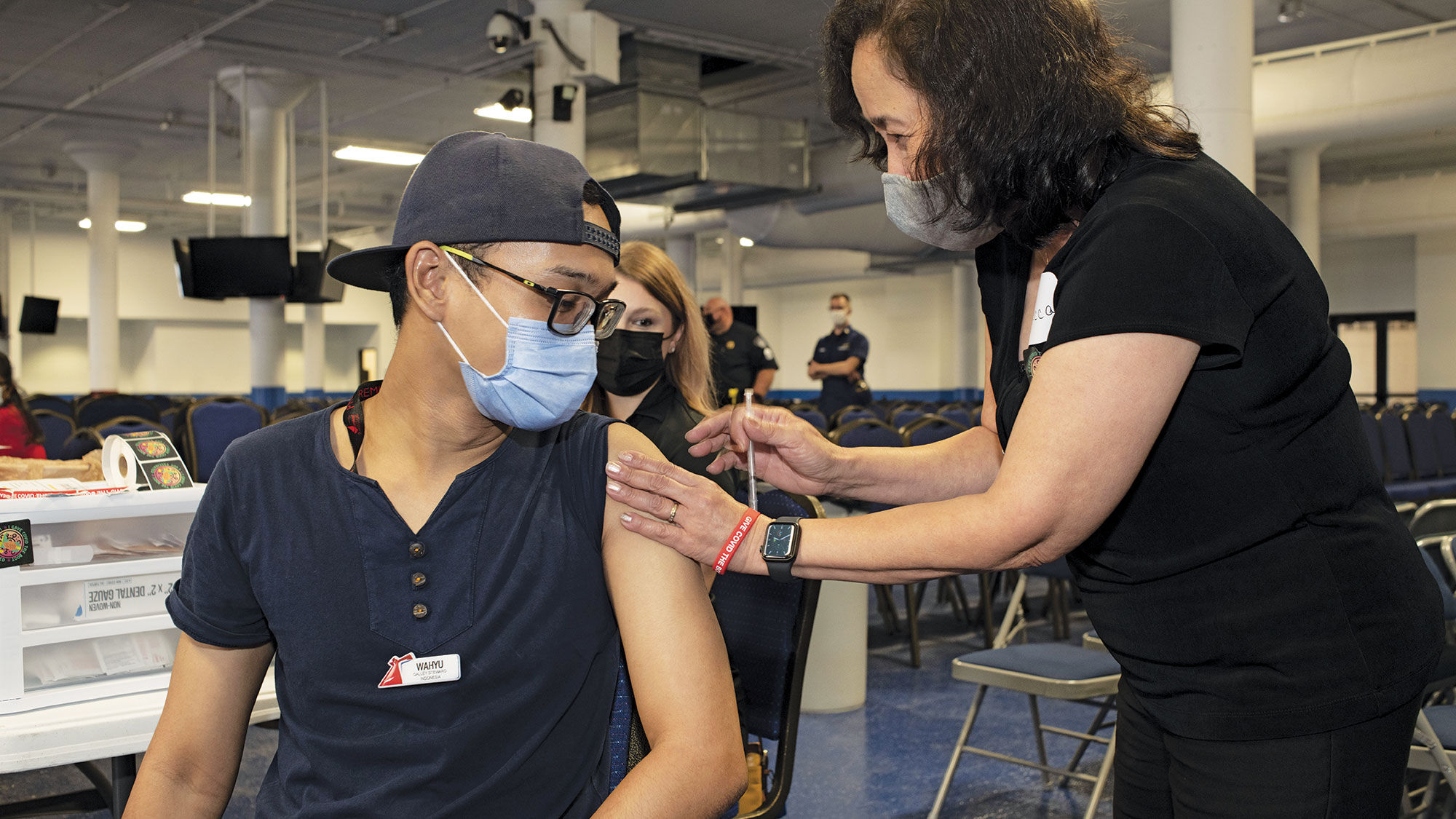 Carnival sailed two ships to the Galveston port rally, the Carnival Breeze and Carnival Vista. Crew members from both ships were vaccinated by the University of Texas Medical Branch at Galveston.