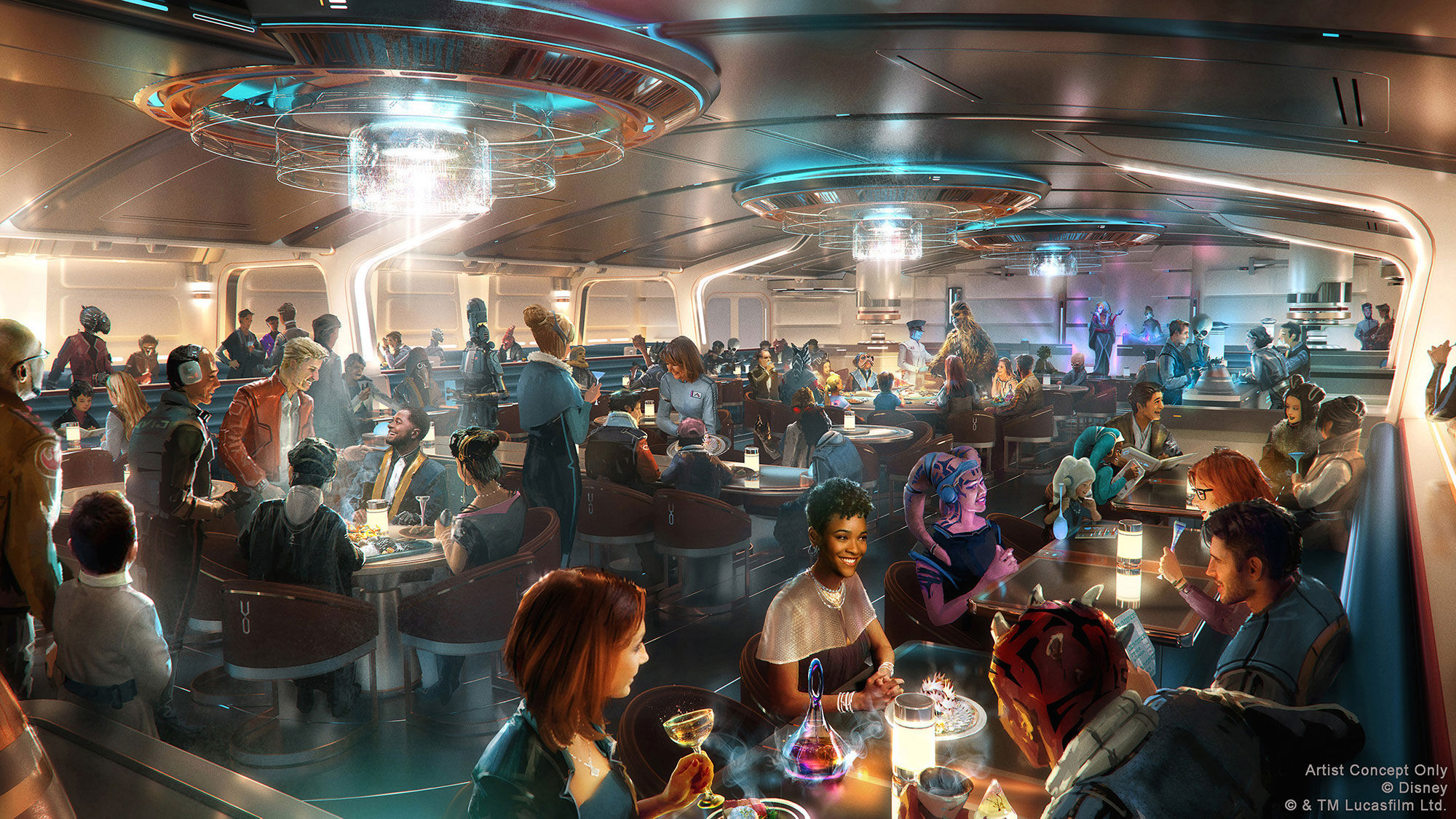 A rendering of the Crown of Corellia Dining Room, where guests will eat and enjoy nightly entertainment at Disney’s new Star Wars-themed hotel, Star Wars: Galactic Starcruiser.