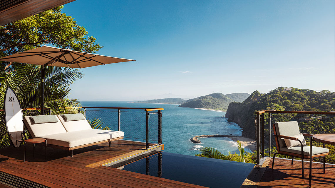 A view from the treehouse terrace at the One&Only Mandarina. The Playa Canalan Beach Club can be seen below.