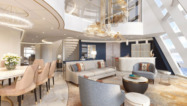 A rendering of the living room in the Wish Tower Suite, which will be flanked by an open dining area, a large pantry and a bar, all with views across the ship's upper decks. A rendering of the living room in the Wish Tower Suite, which will be flanked by an open dining area, a large pantry and a bar, all with views across the ship's upper decks.