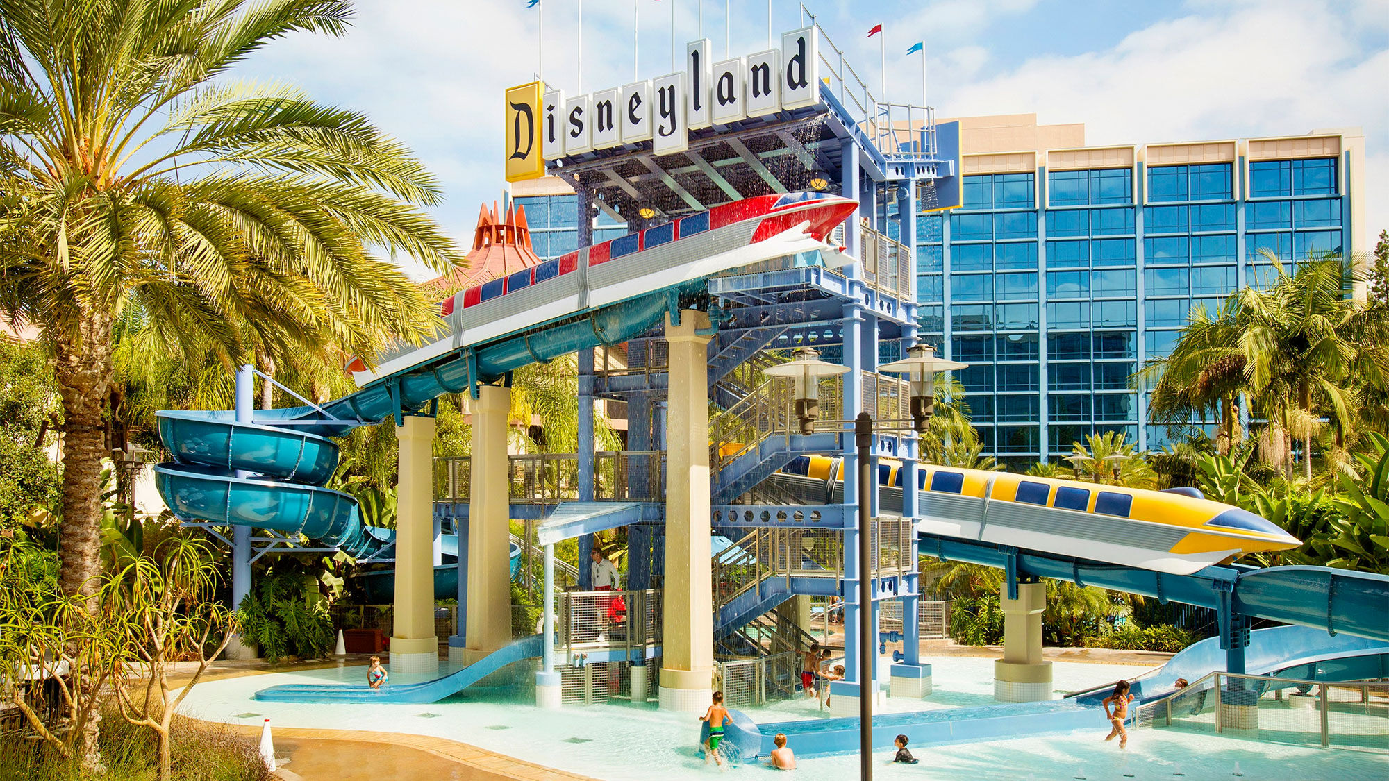 The pool and waterslides at the Disneyland Hotel.