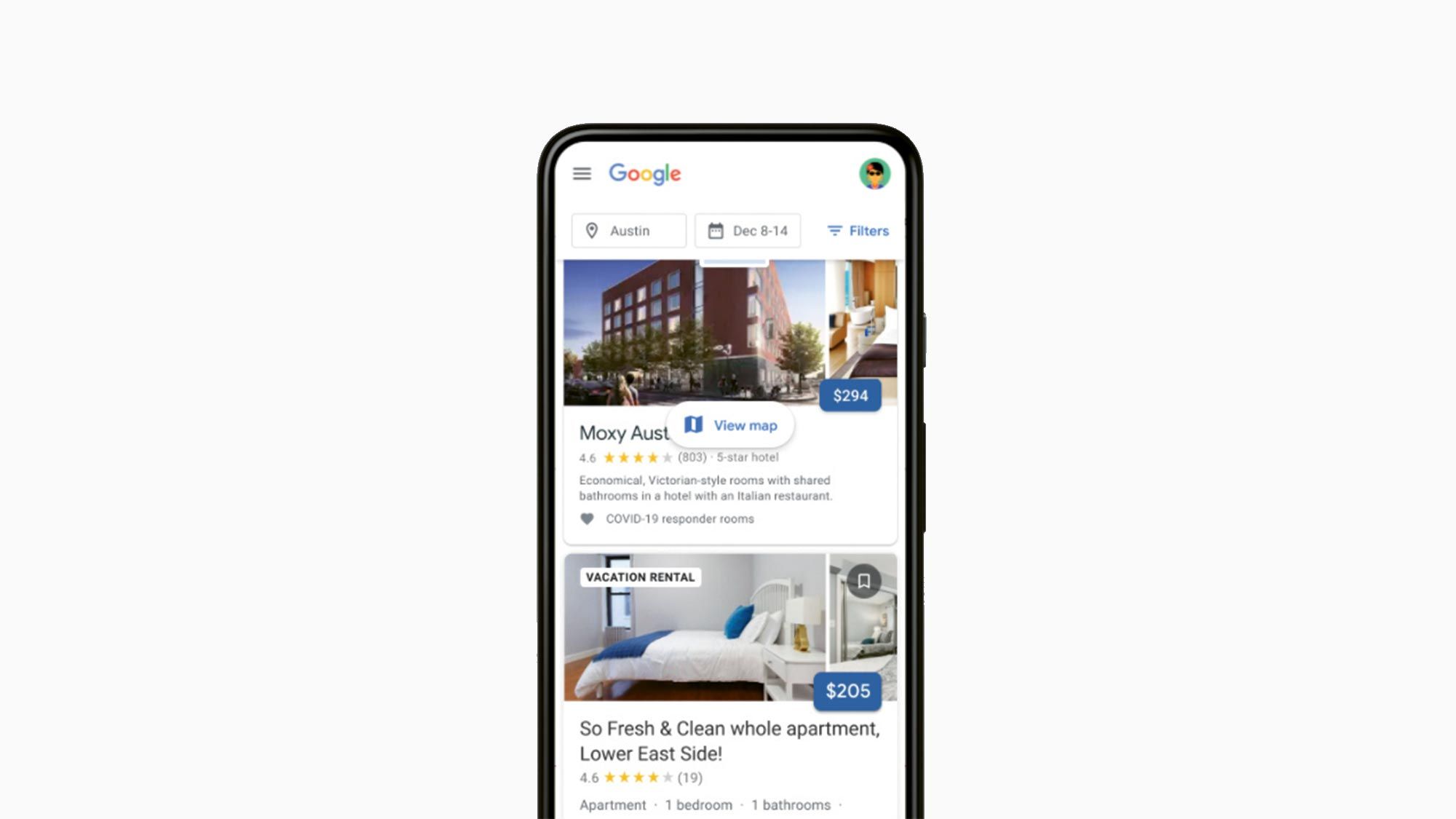 Vacation rental options will be included among the hotel listings in Google searches done on mobile devices.