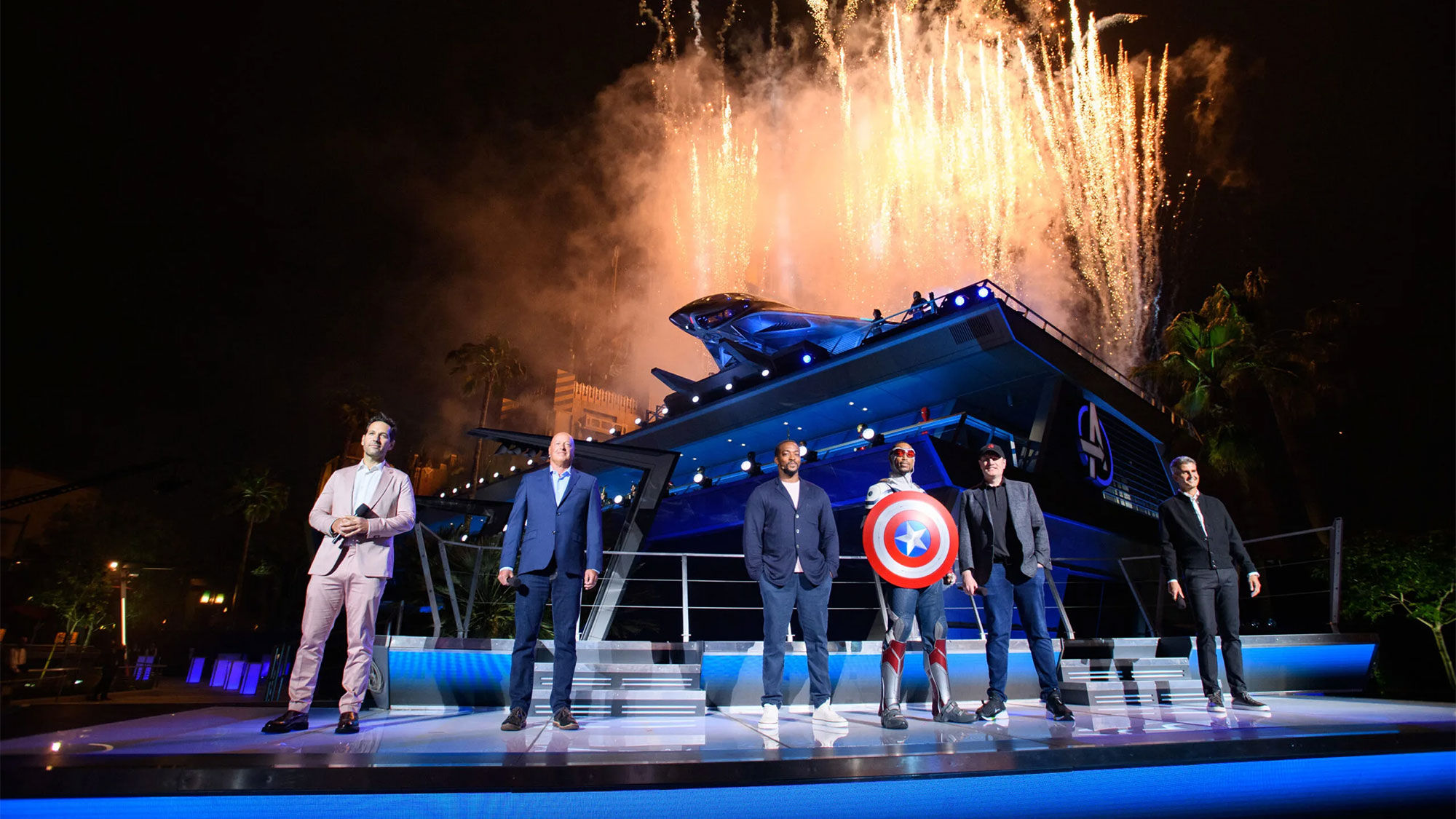Avengers Campus opened at Disney's California Adventure June 4. On hand for the grand opening ceremony on June 2 were, from left, "Ant-Man" star Paul Rudd; Disney CEO Bob Chapek; Anthony Macki, from the Disney+ series "The Falcon and the Winter Soldier"; Captain America; Marvel Studios president/Marvel CEO Kevin Feige; and Disney Parks, Experiences and Products chairman Josh D'Amaro (right).