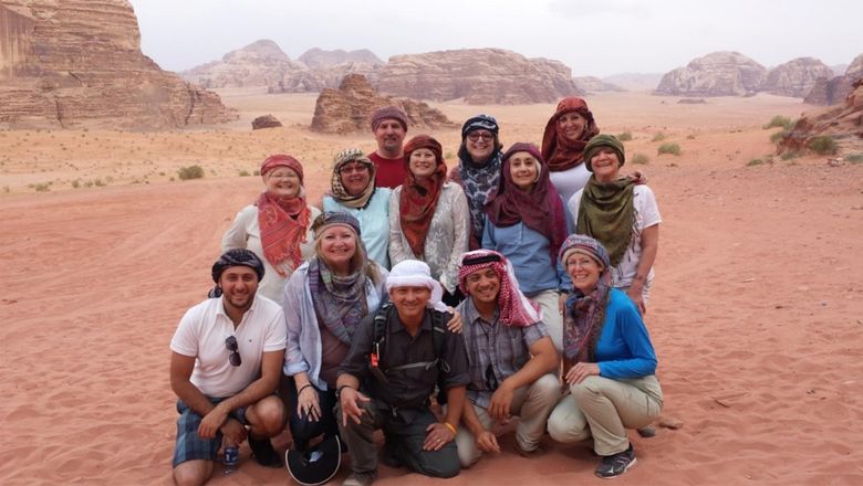 Travel advisors in Wadi Rum on a product development trip to Jordan hosted by the Jordan Tourism Board.