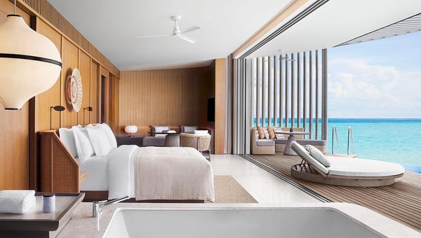 The interior of a one-bedroom Ocean Pool Villa at the Ritz-Carlton Maldives Fari Island. The interior of a one-bedroom Ocean Pool Villa at the Ritz-Carlton Maldives Fari Island.
