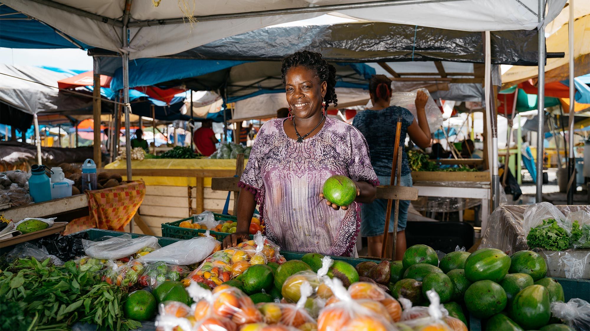 A fruit market vendor plies her wares in Castries, St. Lucia.