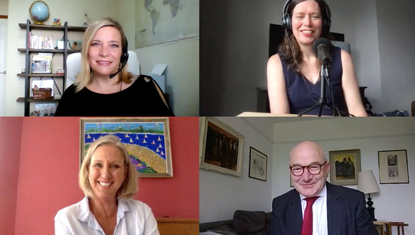 Clockwise from top left: Suzy Schreiner of Azure Blue Vacations; Folo host Rebecca Tobin; Tom Jenkins of the ETOA and senior editor Jeri Clausing, hold a discussion about the return to travel to Europe. Clockwise from top left: Suzy Schreiner of Azure Blue Vacations; Folo host Rebecca Tobin; Tom Jenkins of the ETOA and senior editor Jeri Clausing, hold a discussion about the return to travel to Europe.