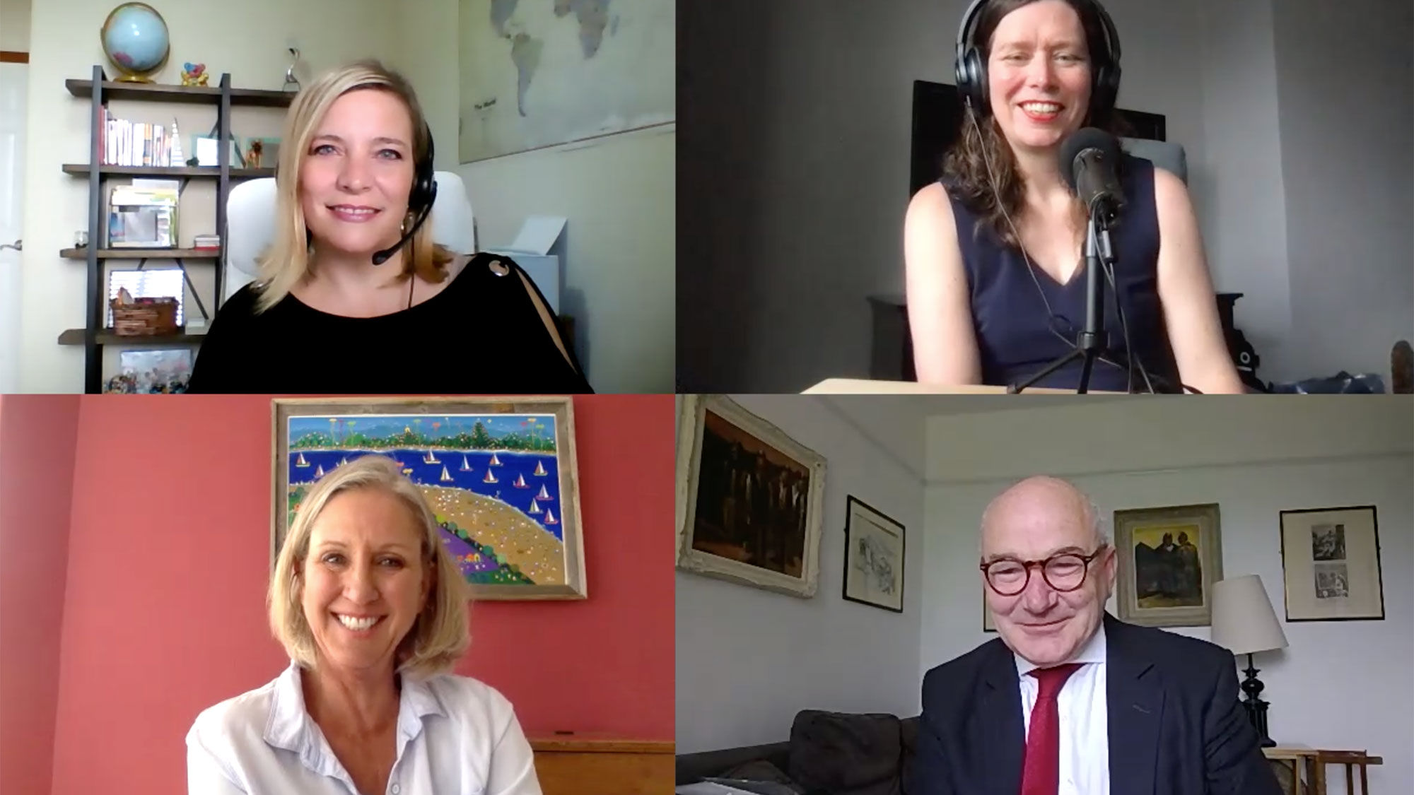 Clockwise from top left: Suzy Schreiner of Azure Blue Vacations; Folo host Rebecca Tobin; Tom Jenkins of the ETOA and senior editor Jeri Clausing, hold a discussion about the return to travel to Europe.
