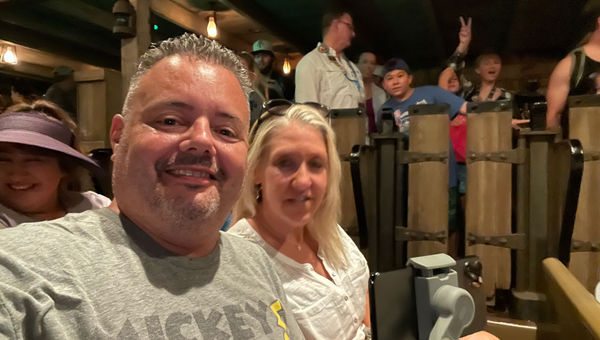 MickeyTravels owners Greg and Elyssa Antonelle on Pirates of the Caribbean in Disneyland on Tuesday.