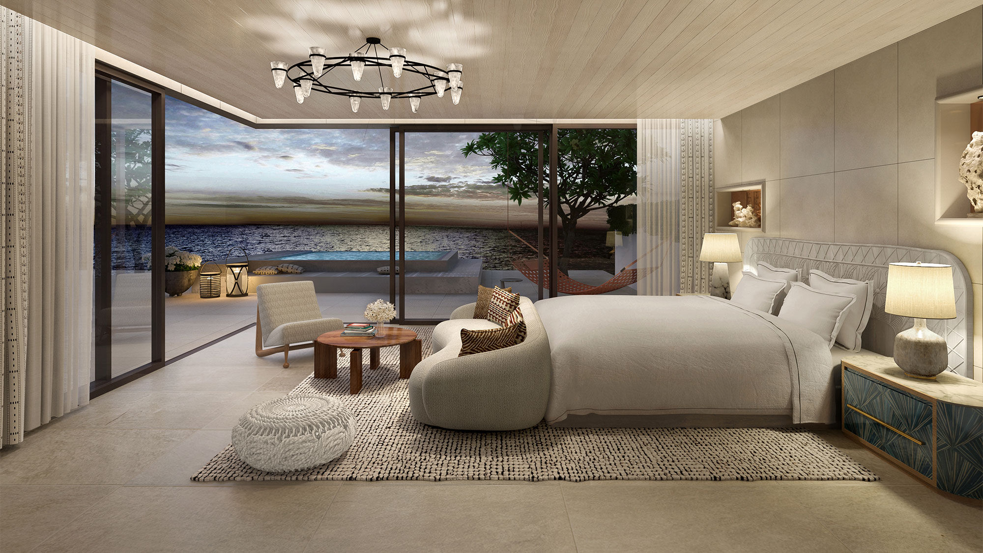 A rendering of a villa's master bedroom at the One&Only Aesthesis on the Athenian Riviera.
