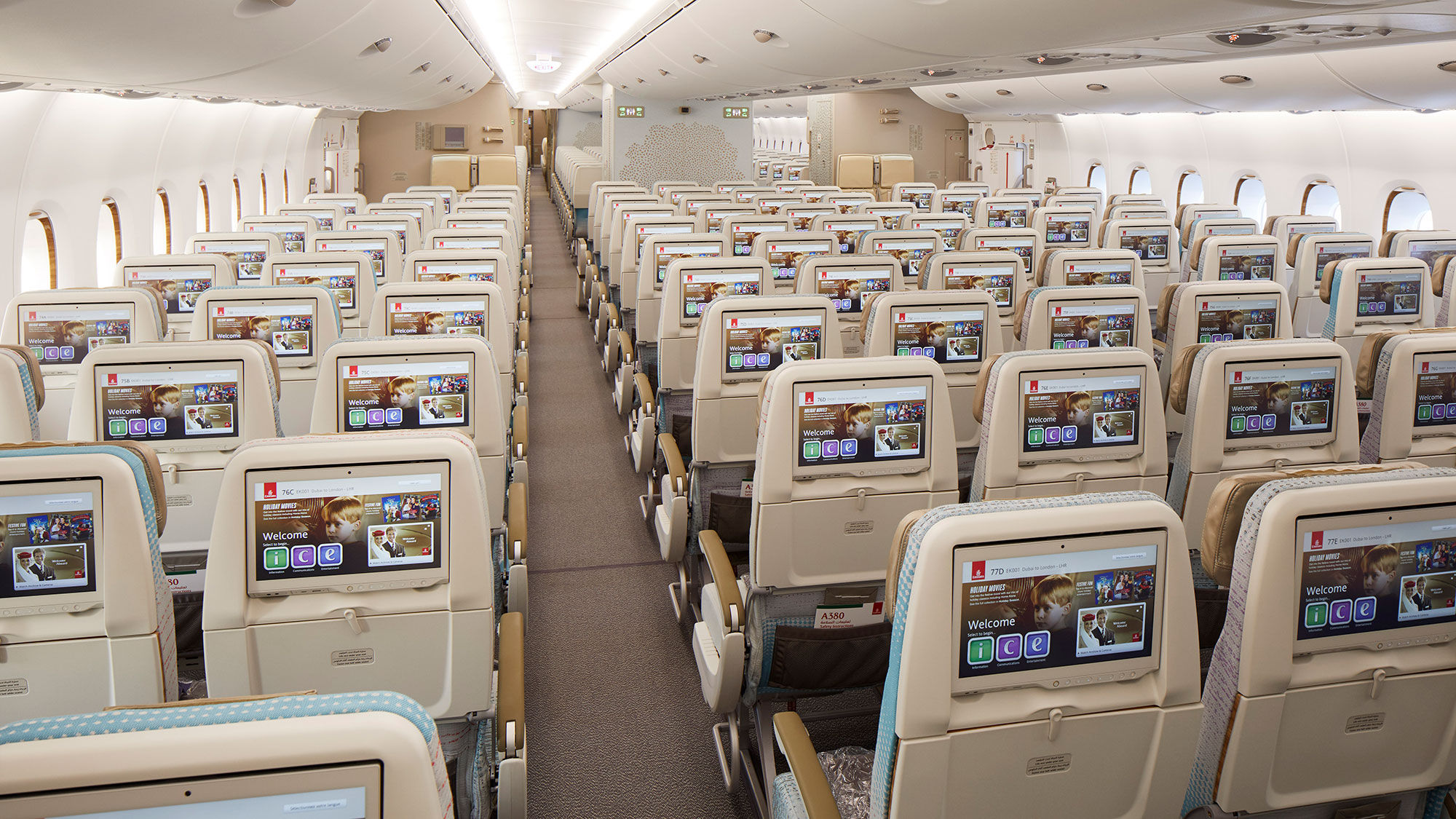 An Emirates A380 with premium economy seats.
