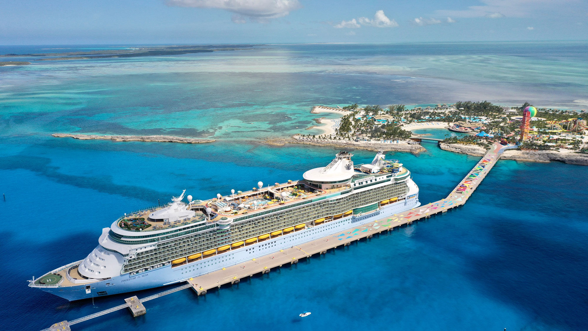 Royal Caribbean's Freedom of the Seas docked at Perfect Day at CocoCay during its CDC trial sailing.