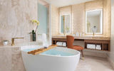 A look at the bathroom in a one-bedroom entertainment suite in Las Vegas Hilton at Resorts World.