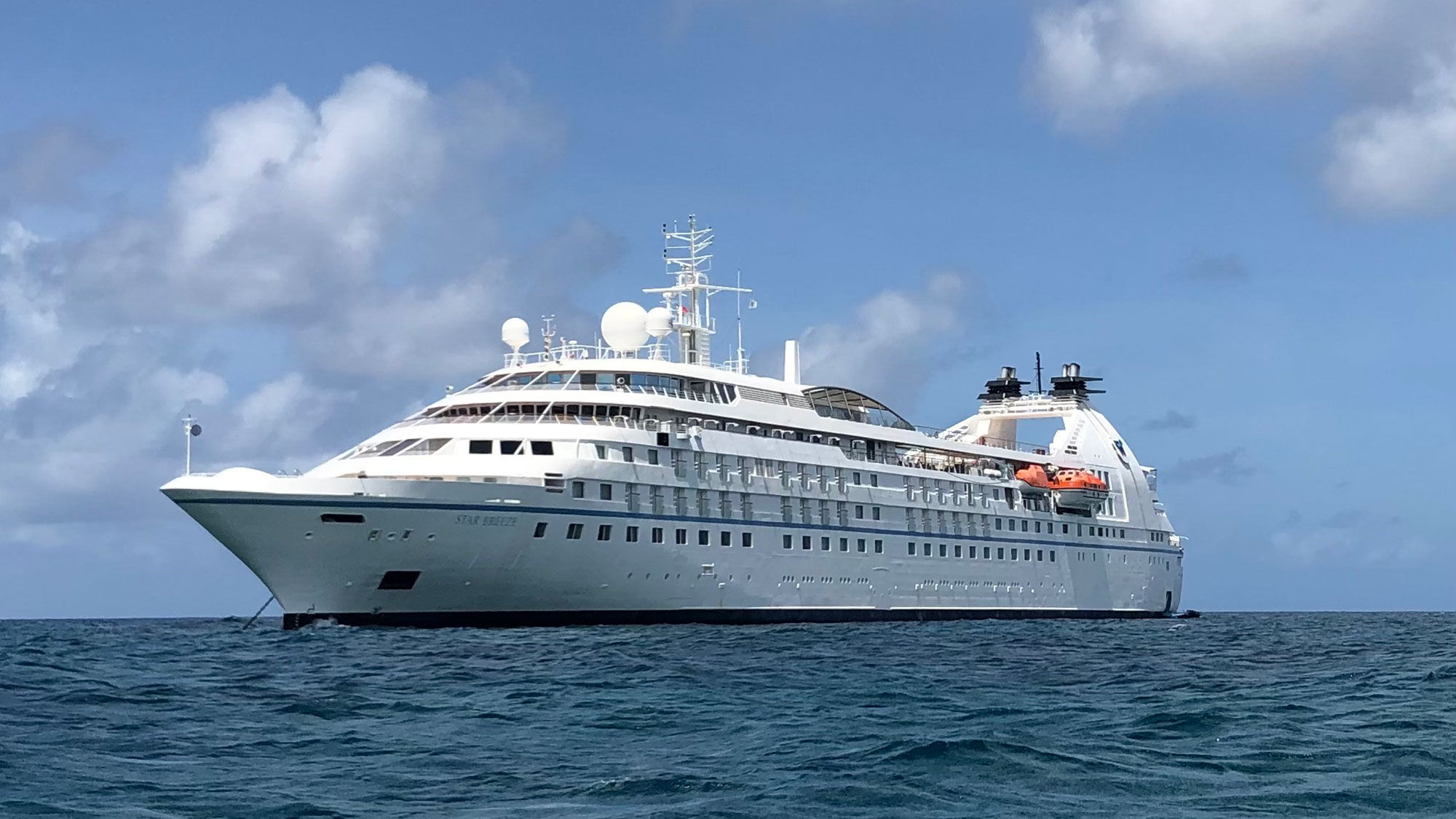 Windstar's Star Breeze at anchor off Simpson Bay in St. Maarten.