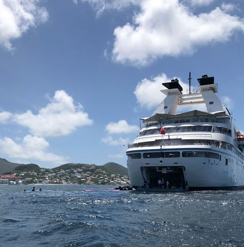 The Star Breeze with its watersports platform deployed off Simpson Bay in St. Maarten.