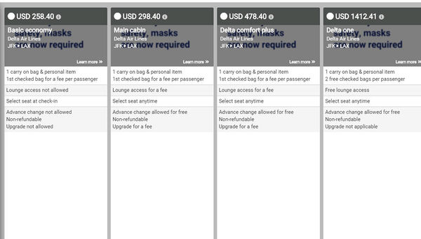 Various Delta ticket offerings are shown on this search query response in the Sabre Red 360 GDS platform, courtesy of Internova Travel Group. Delta expects its new distribution deal with Sabre will lead the GDS to enhance its Delta product displays.