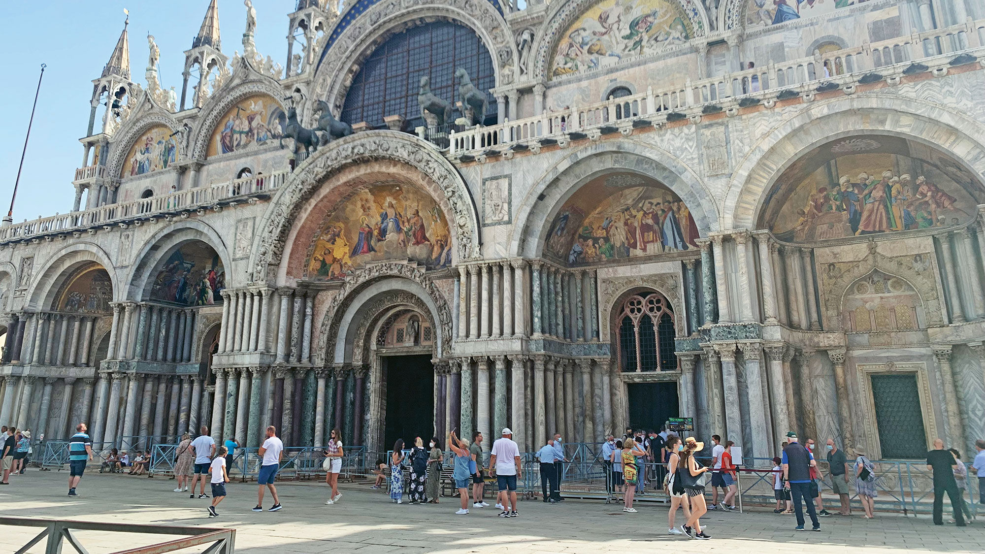 There are visitors in St. Mark's Square, but nowhere near the throngs who filled the piazza prior to the pandemic.