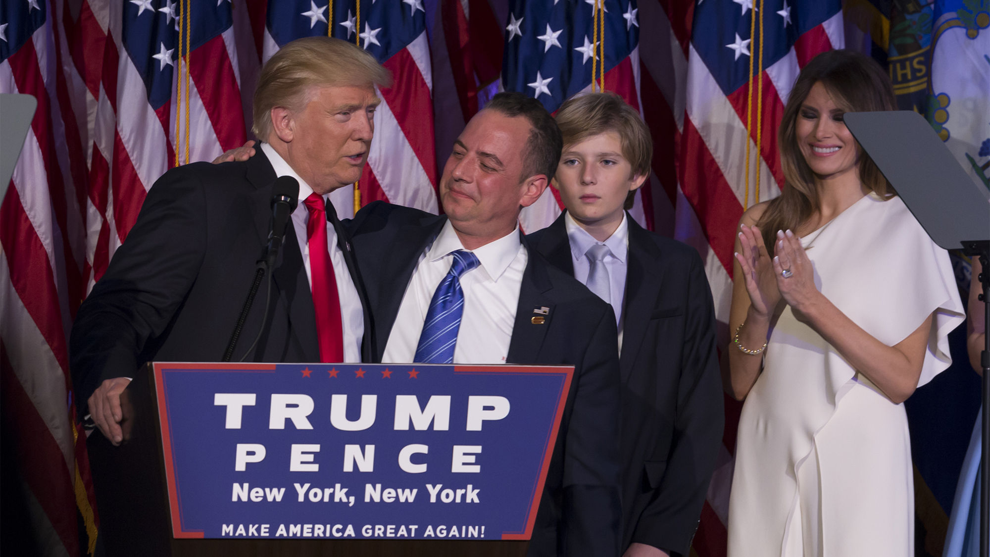 During his victory speech last week, President-elect Donald Trump with Republican National Committee chairman Reince Priebus.