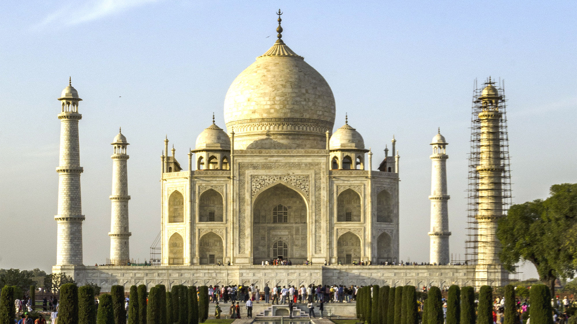 The Taj Mahal's outer minarets were covered in scaffolding last year.