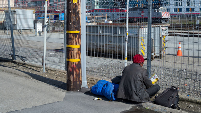 A homeless man outside of Caltrain station in San Francisco in March.
