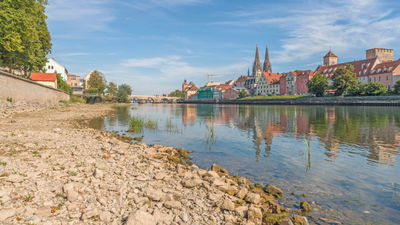 Low waters of the Danube in Regensburg, Germany, in 2018, when low water levels prompted river cruise lines to switch up their itineraries.