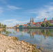 Low waters of the Danube in Regensburg, Germany, in 2018, when low water levels prompted river cruise lines to switch up their itineraries.
