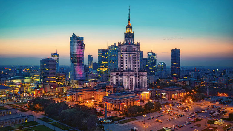 Aerial photo of the Palace of Culture and Science in Warsaw, Poland.