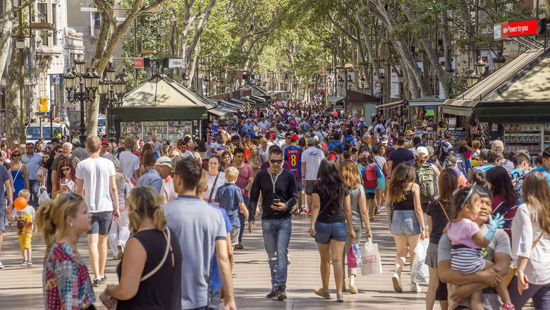 Big crowds on Las Ramblas, the busiest street in Barcelona.